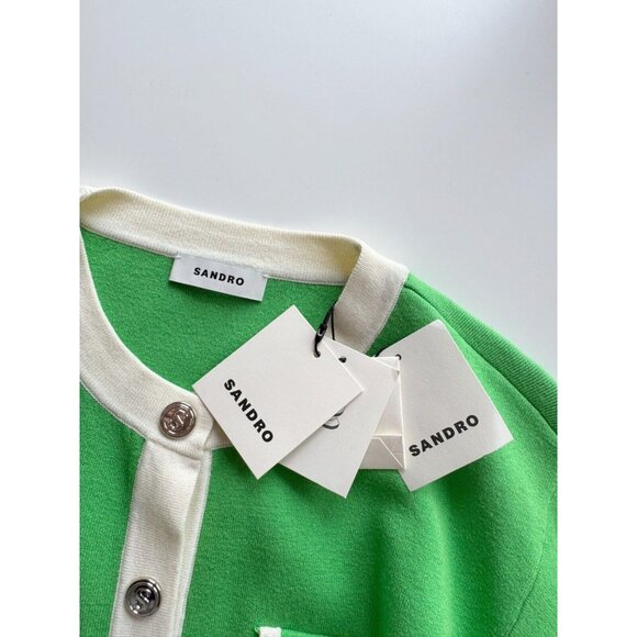NWT SANDRO Murcie Green Ivory Knit Boxy Crest Button Cardigan Sweater, Size 1/S - Picture 11 of 16
